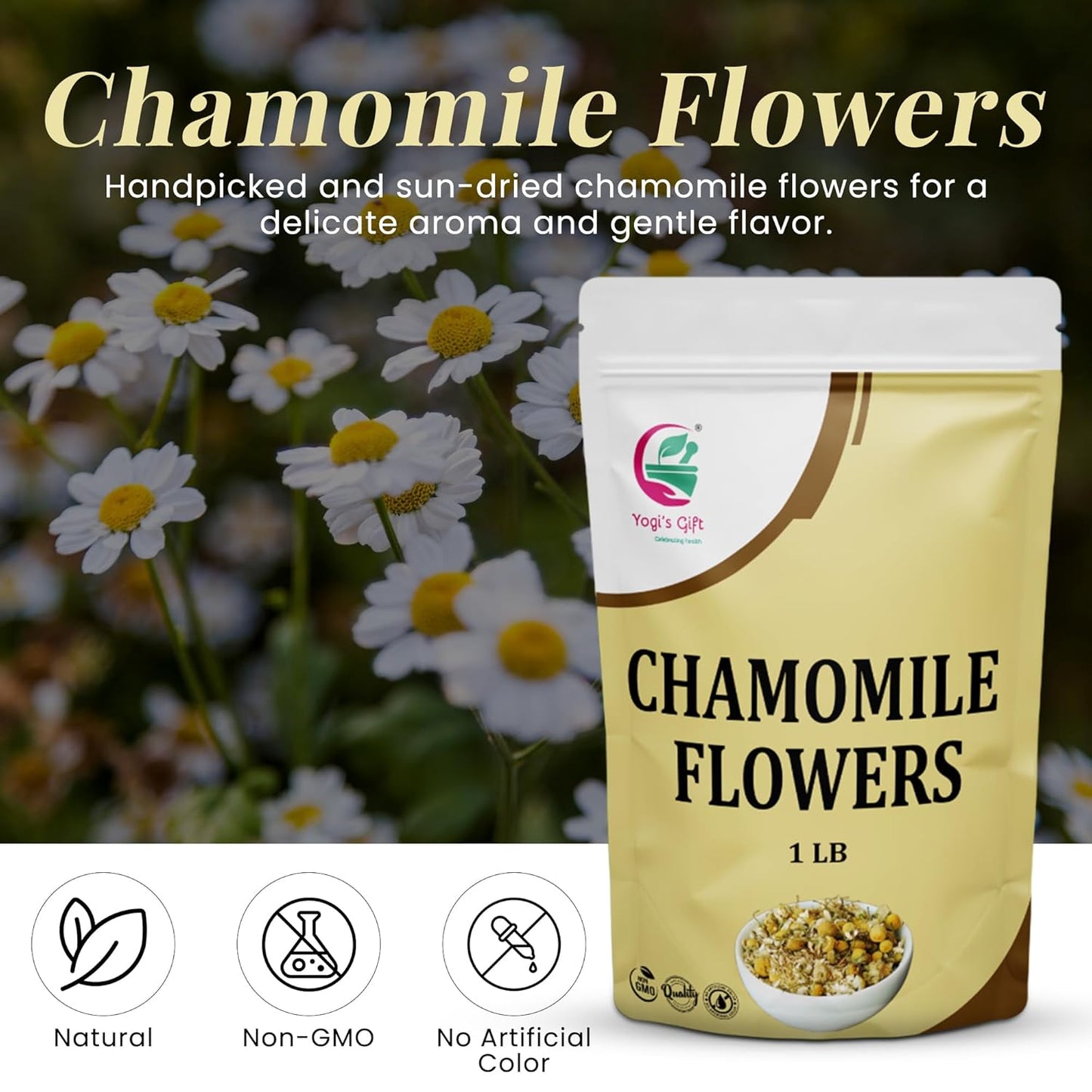 Chamomile Flowers 1 LB, 100% Natural Loose Leaf Chamomile Tea, Whole Dried Flowers for Herbal Tea, 1 LB Bulk Pack, Resealable Bag for Freshness - By Yogi’s Gift®