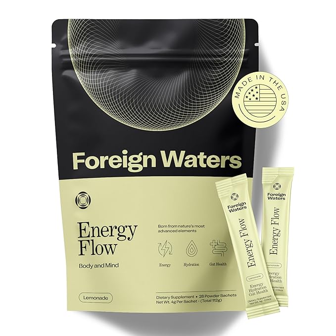 Foreign Waters Energy Drink, Lemonade Electrolyte Drink Mix, Zero Caffeine, 28 Sachets