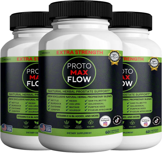 Proto Max Flow Extra Strength Prostate Support, Natural Herbal Supplement with Saw Palmetto, 60 Capsules (3)