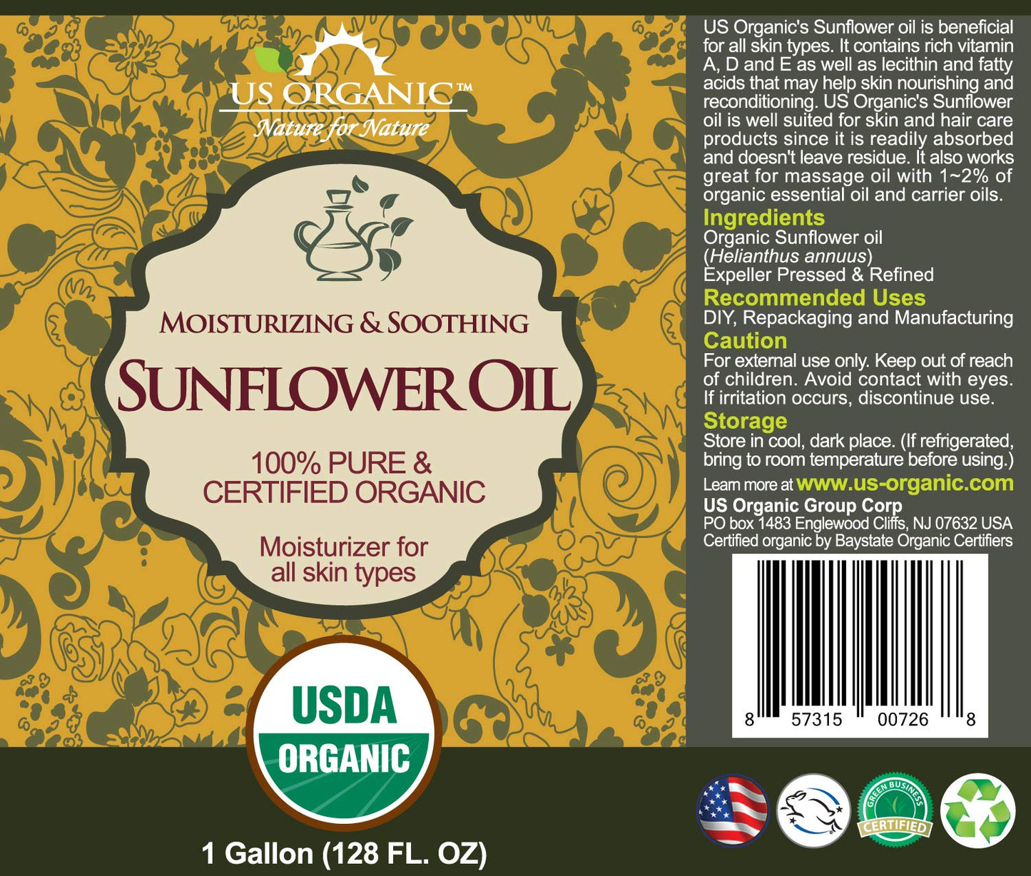 US Organic Sunflower Carrier Oil Bulk Pack, USDA Certified Organic,100% Pure & Natural, Expeller Pressed, for Massage, Aromatherapy or Small Manufacturing, 1 Gallon (128 Ounce)