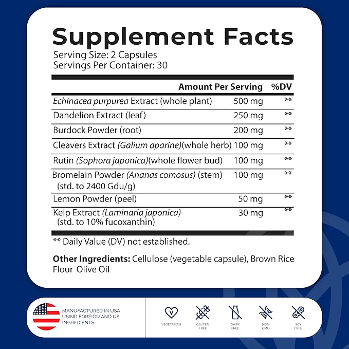 LymphaFlo - Lymphatic Drainage Supplement - Lymph System Support - with Bromelain, Echinacea, Dandelion, Rutin, Burdock, Lemon Powder, Kelp & More - Vegan, Gluten Free, Dairy Free - 60 Capsules