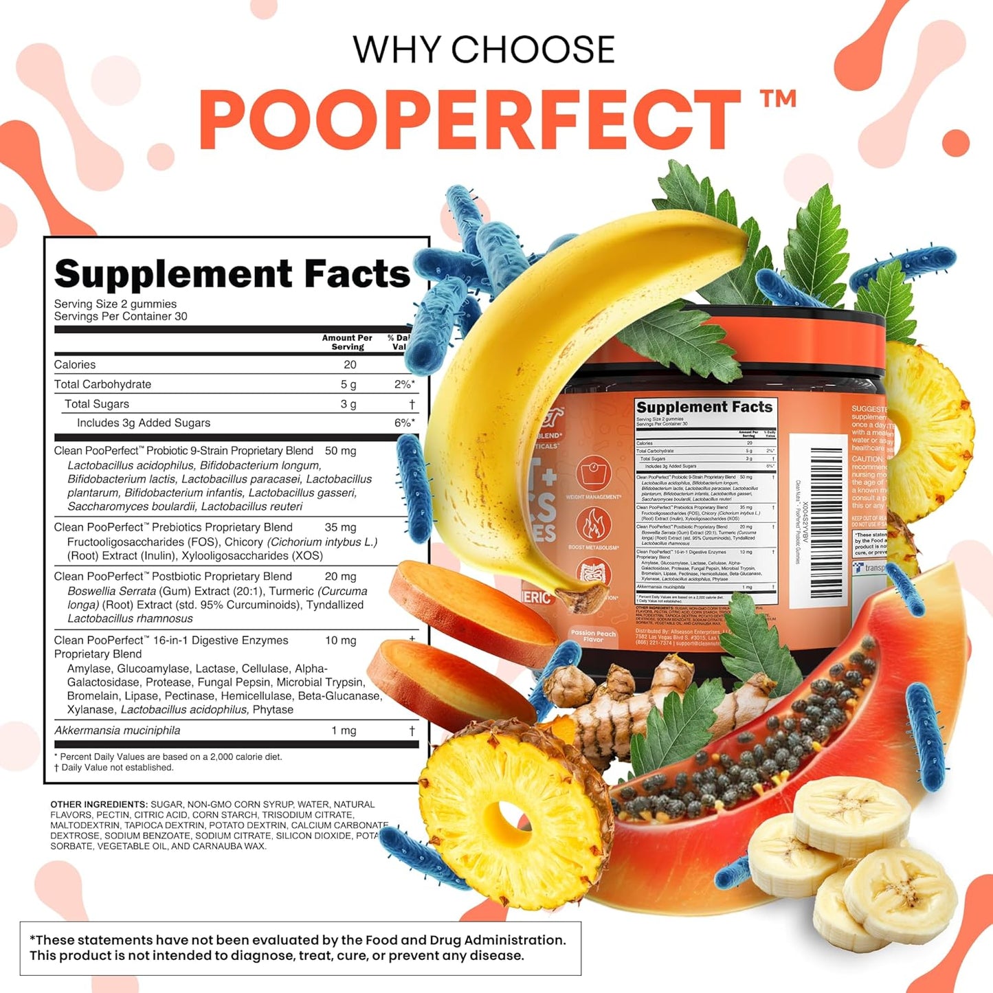 Clean Nutra Prebiotic Postbiotic Digestive Enzymes Gummies with Chicory Root, Boswellia Serrata, Turmeric, and Akkermansia | Pre+Post Probiotics Supplement | 60 Count Gummy | PooPerfect