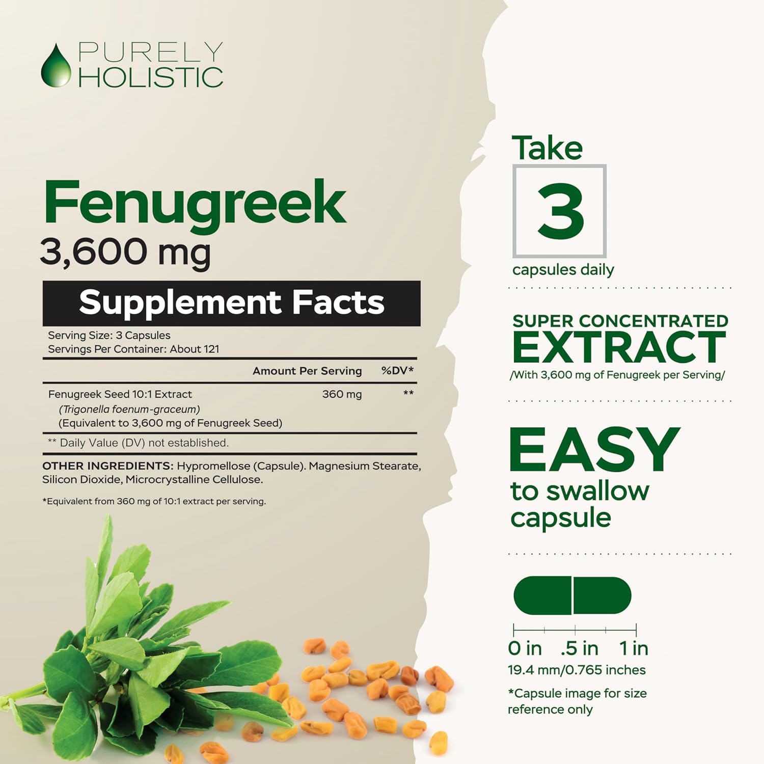 Purely Holistic Fenugreek Capsules 3600mg - 365 Vegan Capsules - Lactation Supplement - from Fenugreek Seeds - Concentrated x10 Extract - Non GMO for Women & Men