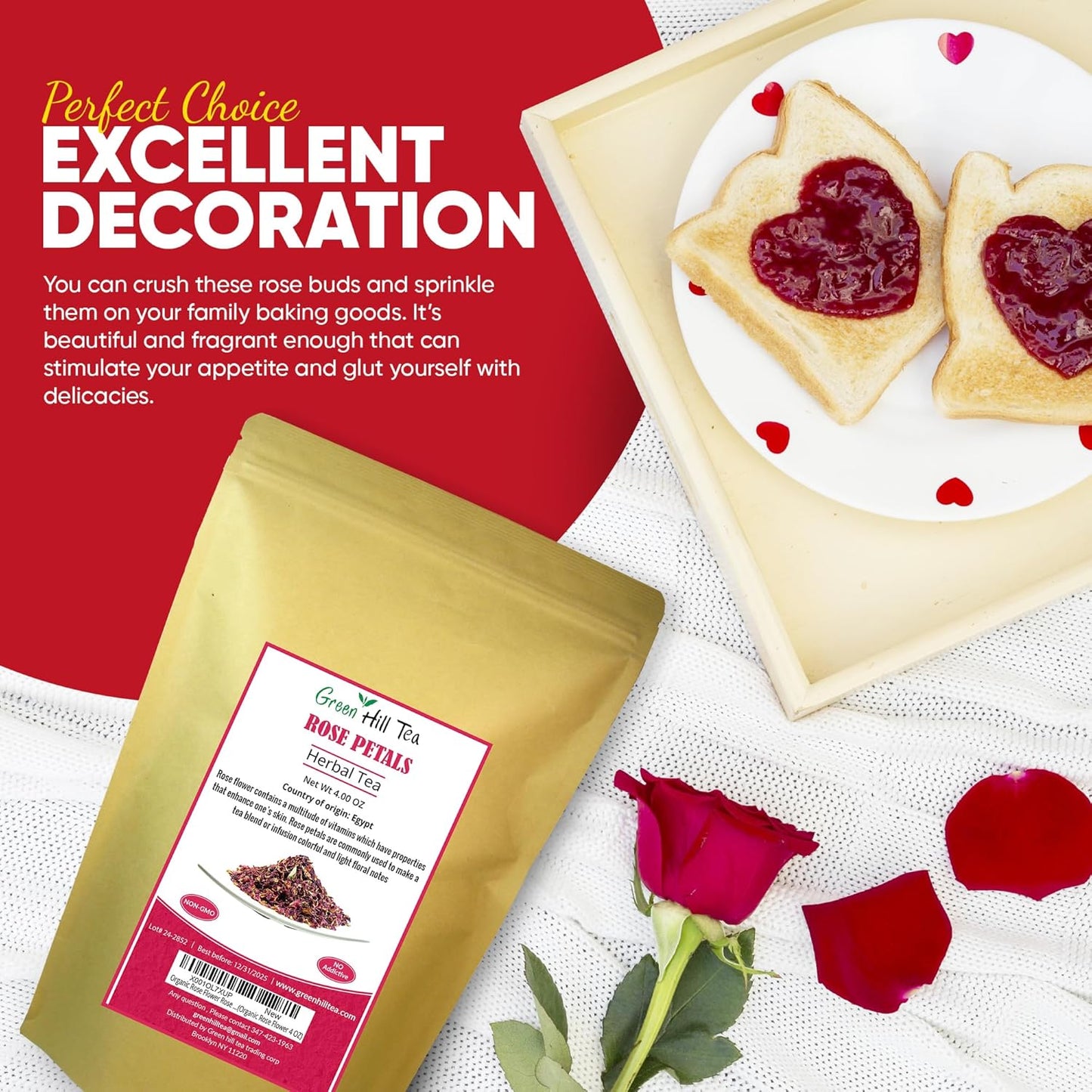 Greenhilltea Premium Dried Rose Petals - Caffeine Free Rose Tea - Edible Flowers for drinks, Baking, Desserts, Cocktails, Wedding Toss & Herbal Tea Infusions - 4 OZ
