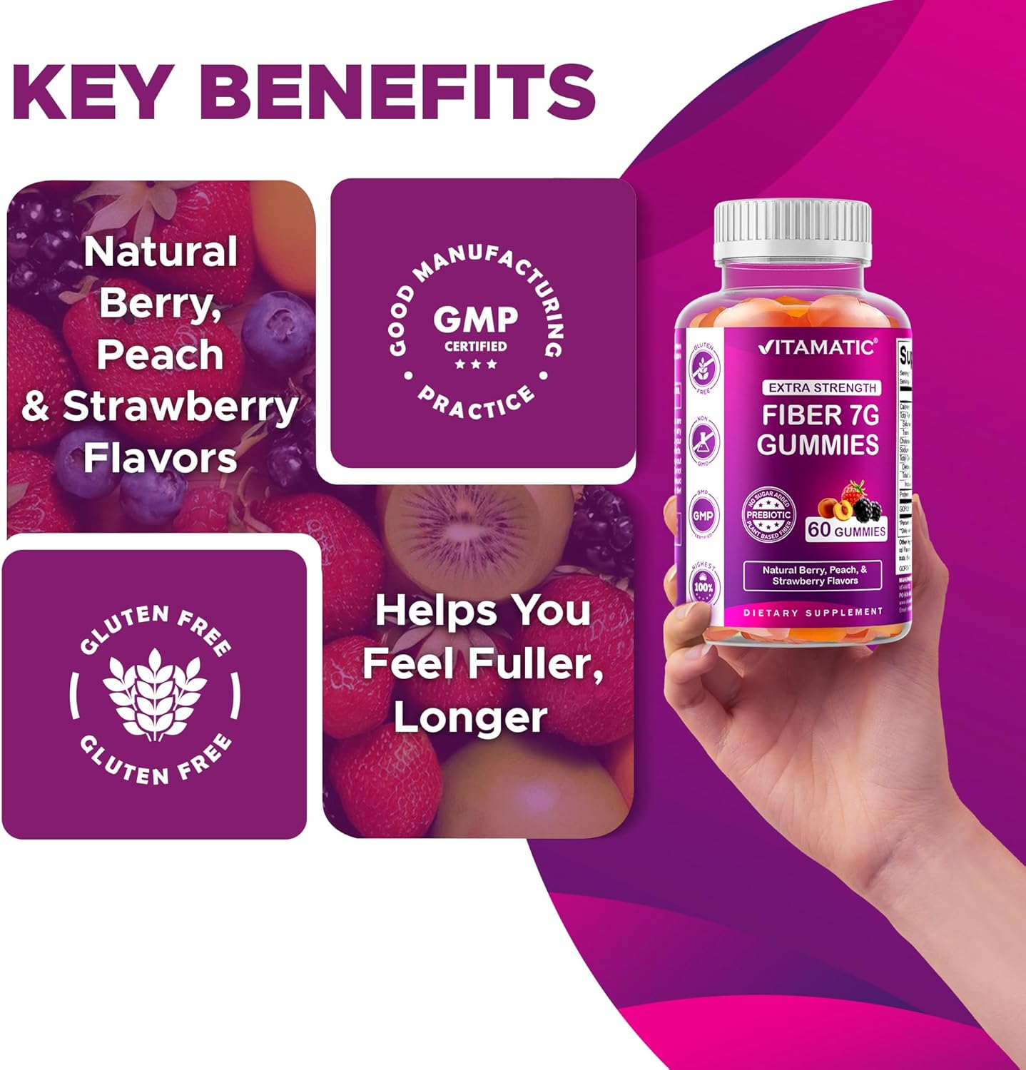 Vitamatic Prebiotic Fiber Gummies for Digestive Health & Regularity, Extra Strength, 7g Fiber per Serving, Zero Sugar Added, Made in USA, 60 Count (2 Pack)