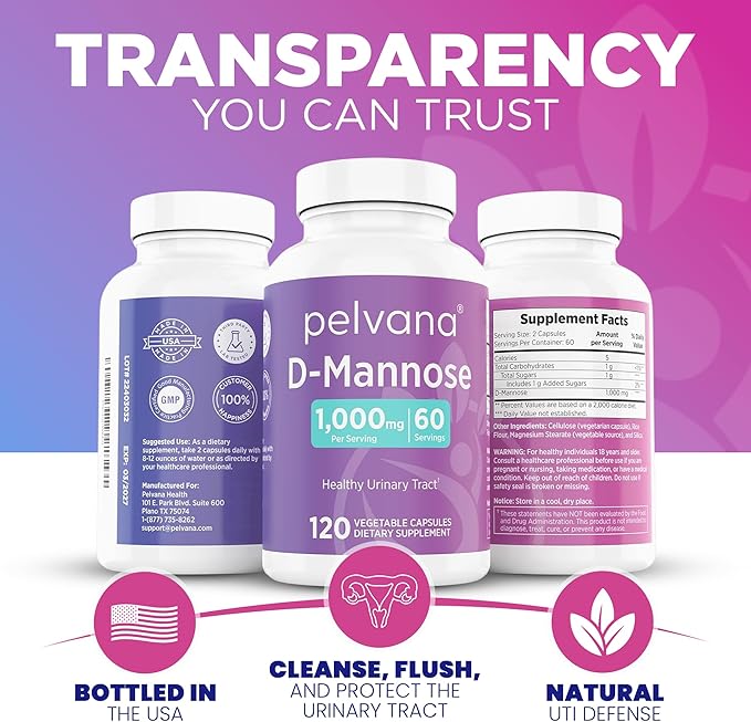 Pelvana D-Mannose 120 Capsules (500mg Each) – 1000mg per Serving – Assists & Maintains Healthy Urinary Tract, Flushes Impurities, Pure Ingredients, Gluten-Free – Third-Party Lab Tested, Made in USA
