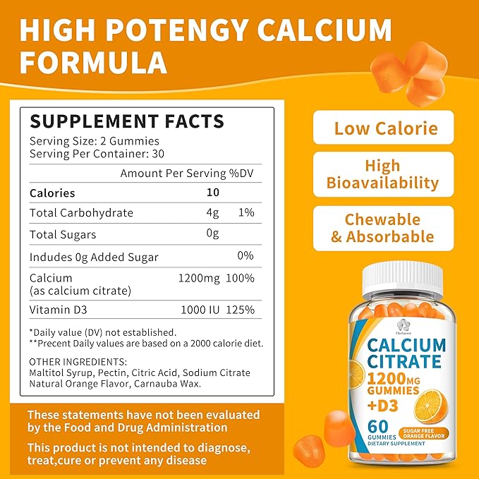(2 Pack) Calcium Citrate 1200 mg Gummies with Vitamin D3, High Absorption Calcium Supplements for Women & Men, Sugar Free, Non-GMO, Gluten Free, Supports Muscle & Immune - Orange Flavor