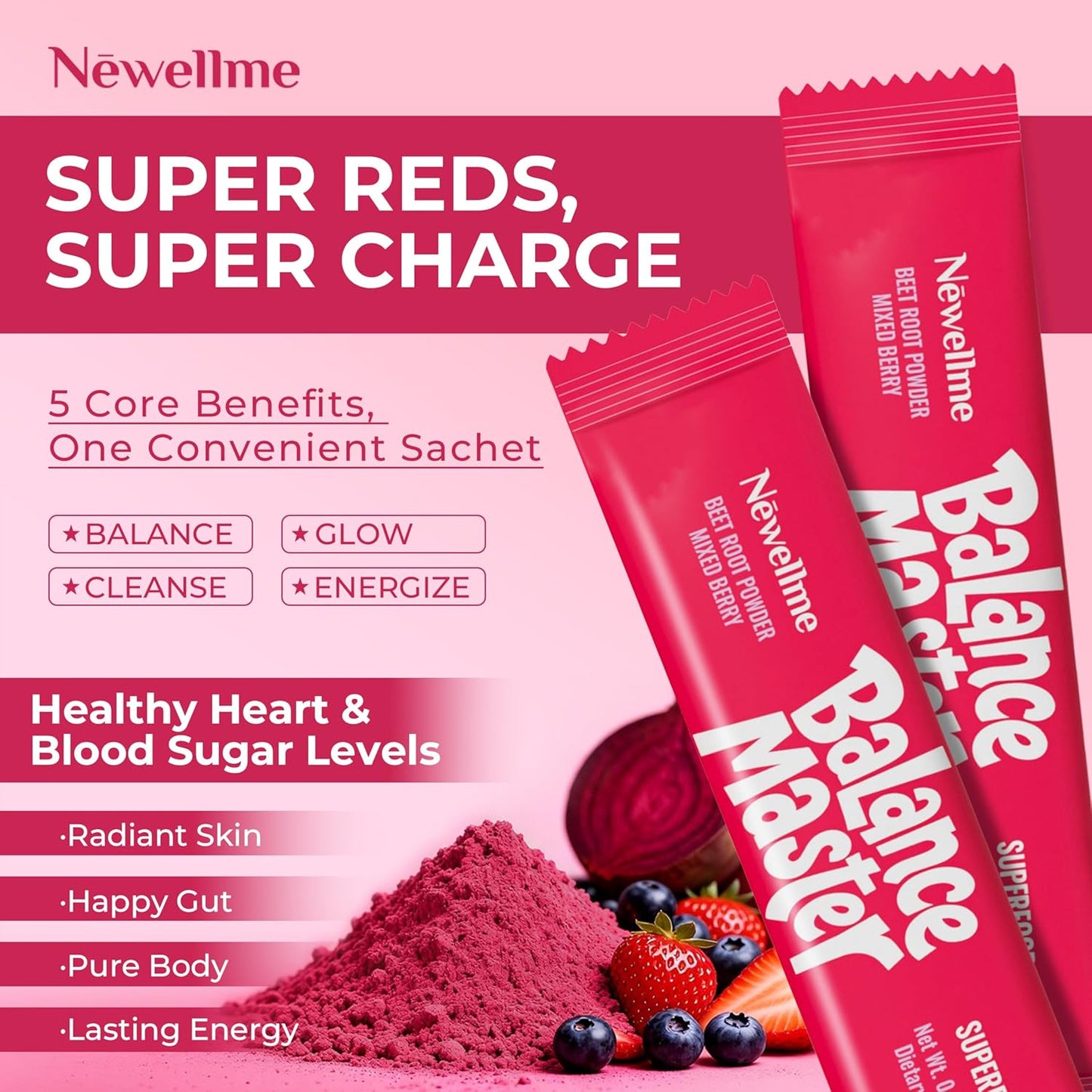 NEWELLME Balance Master Super Reds Beet Root Powder for Smoothies, Baking & Juices – Red Fruits & Greens Blend for Natural Energy & Vegan Red Food Coloring – Mixed Berry Flavor, 28 Pack