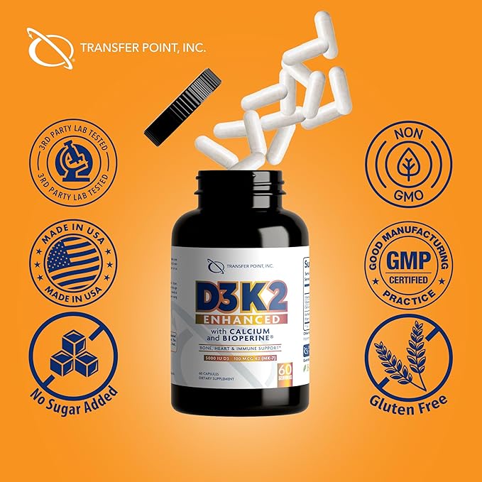 D3K2 Enhanced with Calcium & BioPerine® - 5000 IU Vitamin D3 + 100 mcg Vitamin K2 MK-7 - Once-daily formula, 60 Capsules