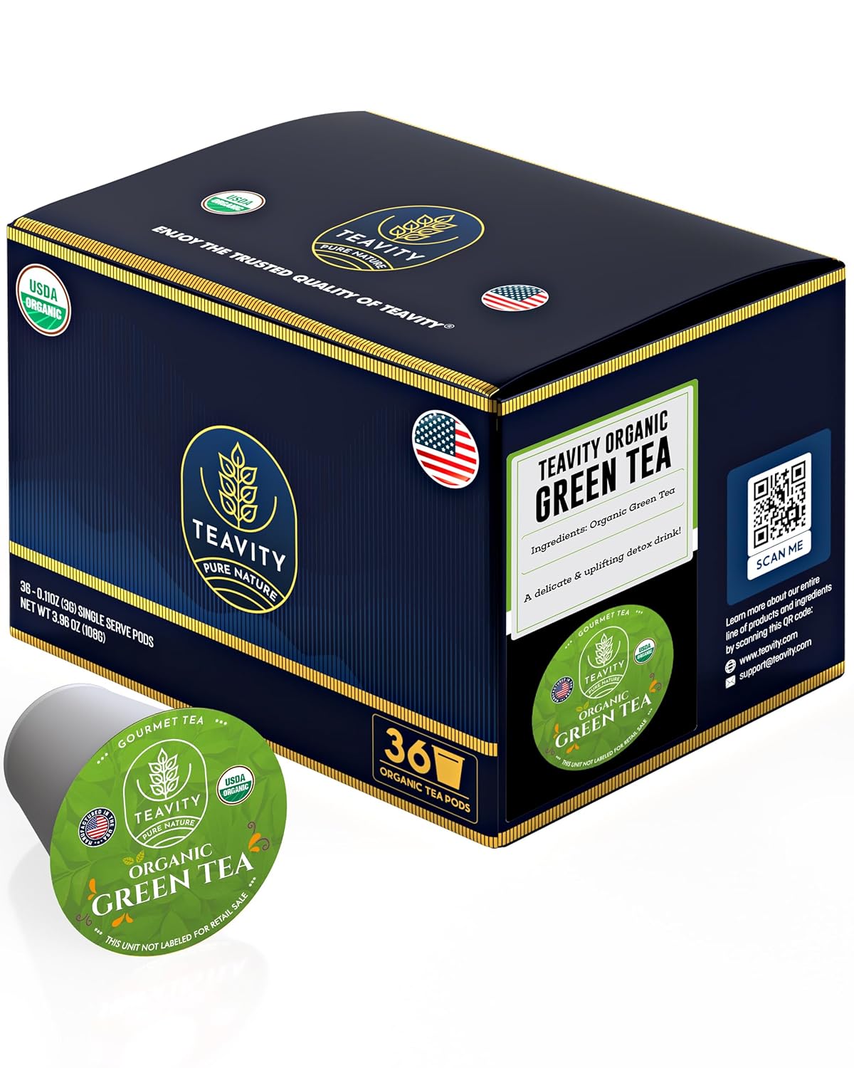 Organic Green Tea Pods for Keurig - Unsweetened Green Tea for K Cup Machines by Teavity (36 Tea Pods)