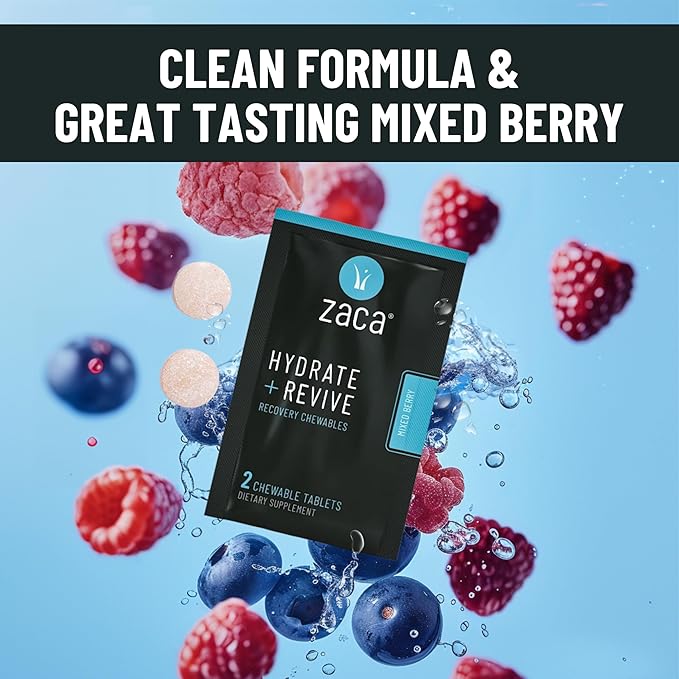 Zaca Recovery Chewable Supplement | Hydrate + Revive | Party, Travel, Exercise & Altitude | Sugar Free & Gluten Free | Mixed Berry, 6 Packets = 12 Tablets