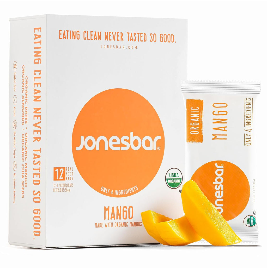 JONESBAR Organic Plant Based Protein Bars | Mango Almond | Fruit & Nut Bar, Kosher, Gluten Free, Paleo Breakfast Bars, School Snacks, Vegan Snack & Healthy Snacks for Adults and Kids (Pack of 12)