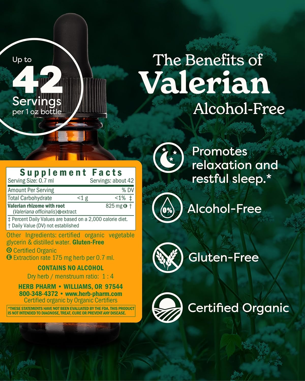 Herb Pharm Organic Valerian Root Liquid Extract, Alcohol-Free: Sleep & Relaxing, Calming Nighttime Sleep Support Supplement, Sugar-Free Herbal Supplement, 1 Oz
