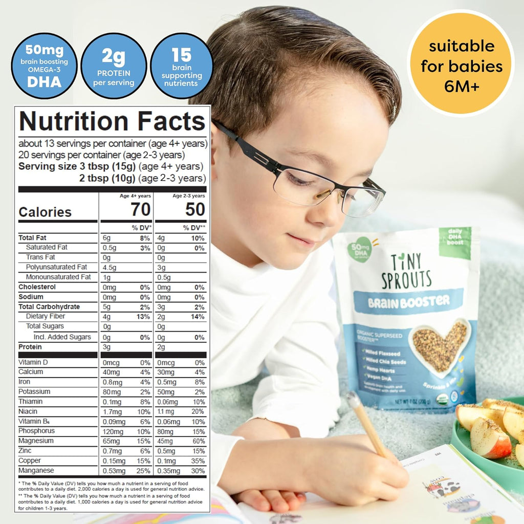 Superseed Organic Milled Chia, Flaxseed and Hemp Heart Brain Booster with Vegan Omega-3 DHA S Prebiotic Fiber Protein Gluten Free Seeds for 6M+ Babies Toddlers & Kids (7oz x 1 Pack)