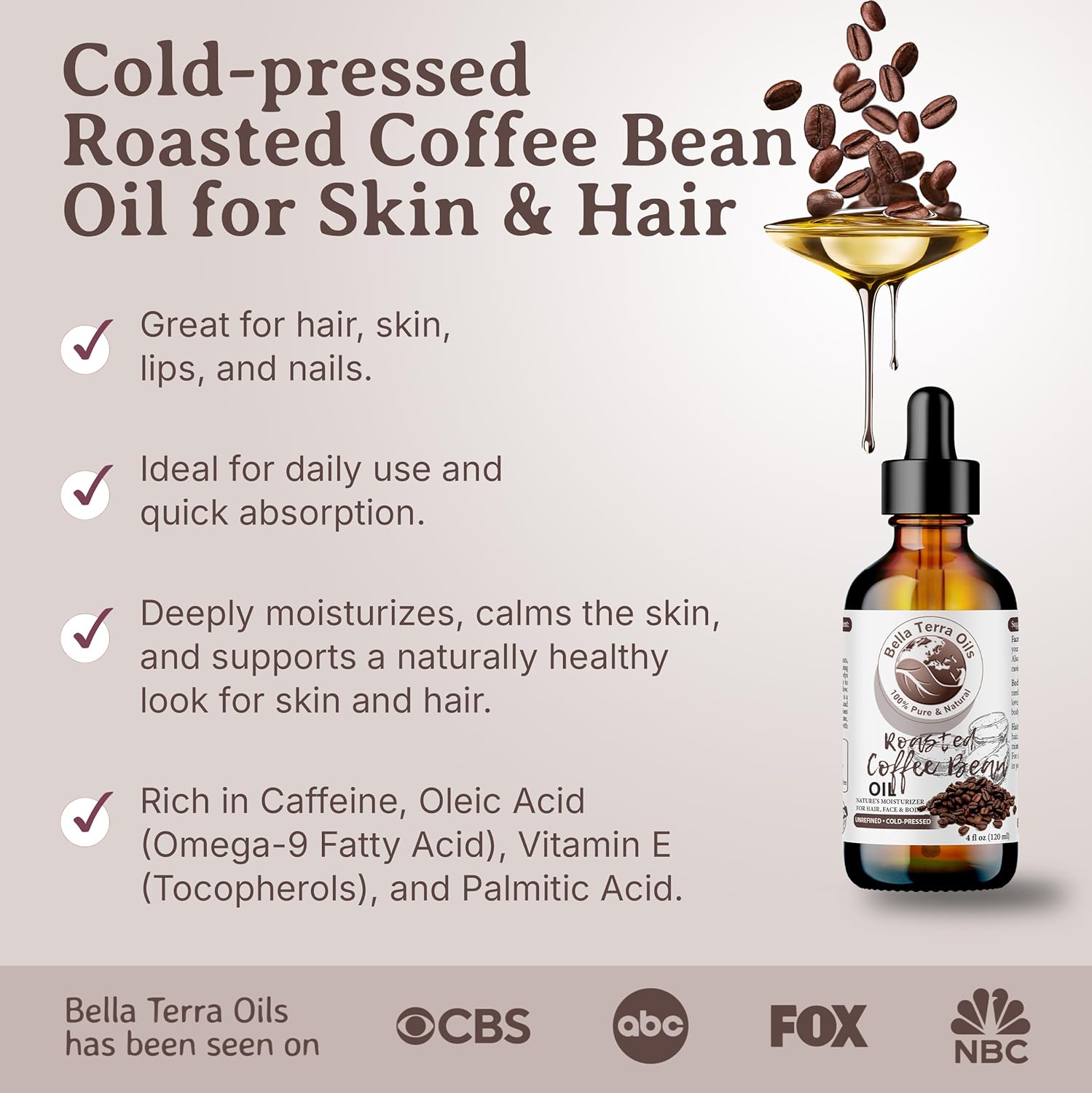 Bella Terra Oils - Roasted Coffee Bean Oil 2oz - The Ultimate Coffee Serum, Abundant in Palmitic Acid & Vitamin E, Dive into Coffee's Nourishing Embrace