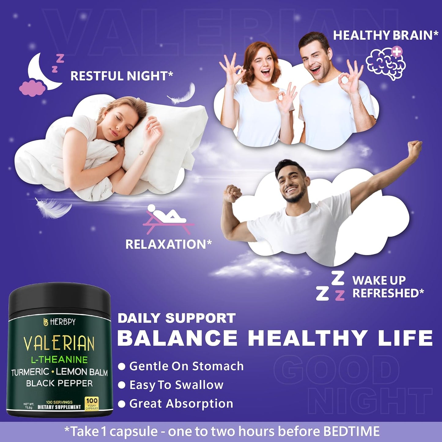 5in1 Valerian Root Capsules Plus L-Theanine, Lemon Balm, Turmeric and Black Pepper for Relaxation, Restful Night, Digestion & Immune Support - 100 Count
