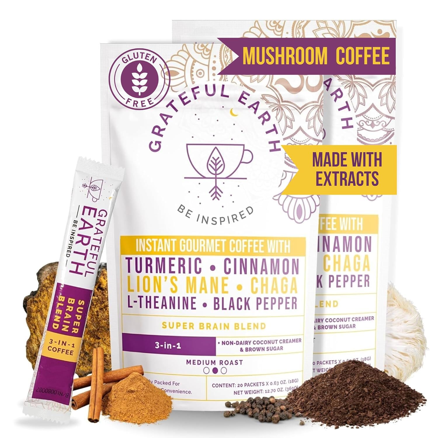 Grateful Earth Mushroom Coffee, Coconut Instant Coffee with Cinnamon, Turmeric, Lion’s Mane Mushrooms, L-Theanine, Chaga, Super Brain Blend, Energy & Immune Support, Dairy & Gluten Free, 2 Bags, 40 Ct