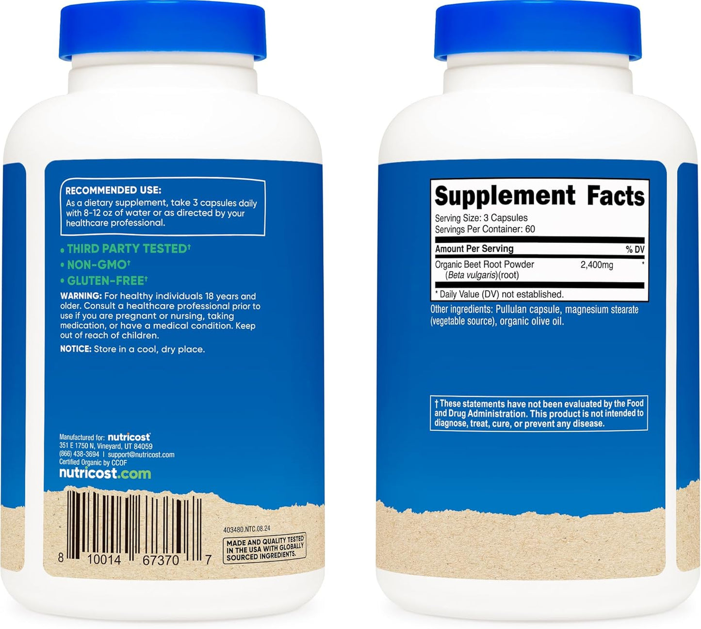 Nutricost Beet Root 2400mg, 180 Capsules - CCOF Certified Made with Organic Beet Root, Superfood, 60 Servings
