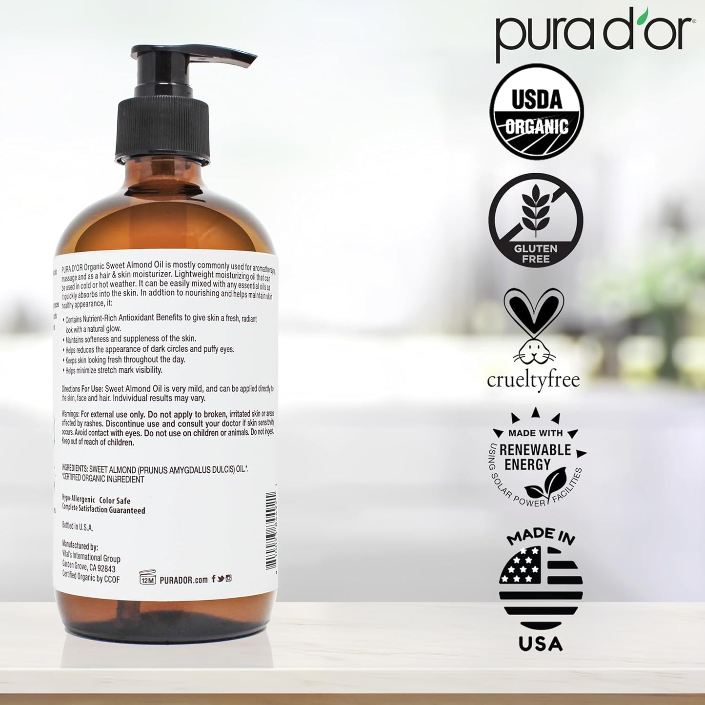 PURA D'OR 16.9 Oz ORGANIC Sweet Almond Oil (GLASS BOTTLE) 100% Pure & Natural USDA Certified Cold Pressed Carrier Oil For DIY Beauty - Non-Greasy, Unscented, Hexane Free Moisturizer - For Hair & Skin