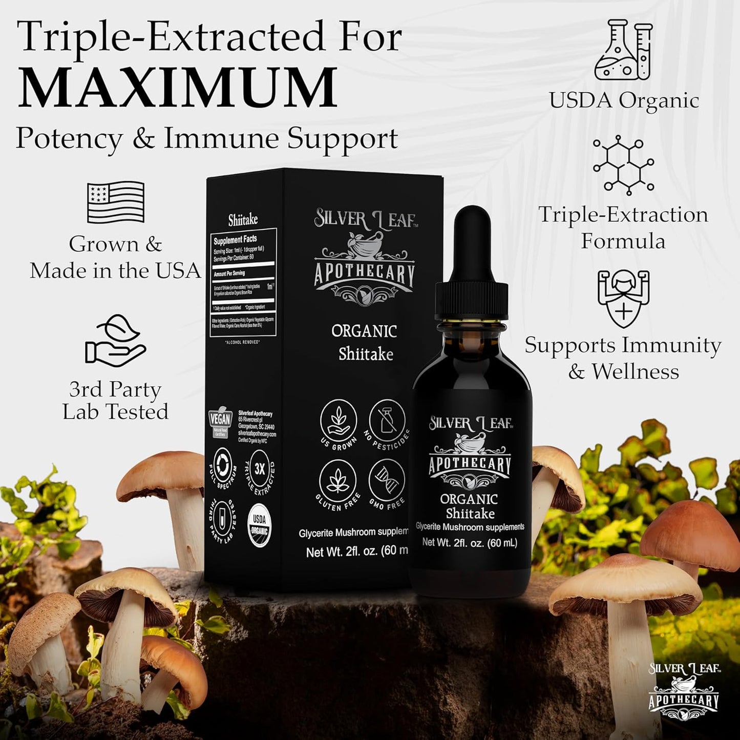 Organic Triple-Extracted Shiitake Mushrooms Tincture Immune Support Supplement for Overall Wellness Grown and Harvested in USA - 2 Fl Oz (60 mL)
