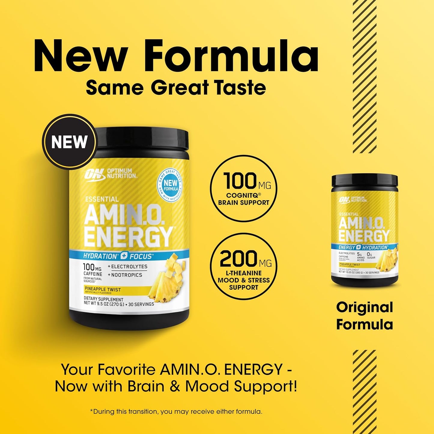 Optimum Nutrition Amino Energy Powder Plus Hydration, with BCAA, Electrolytes, and Caffeine, Pineapple Twist, 30 Servings (Packaging May Vary)