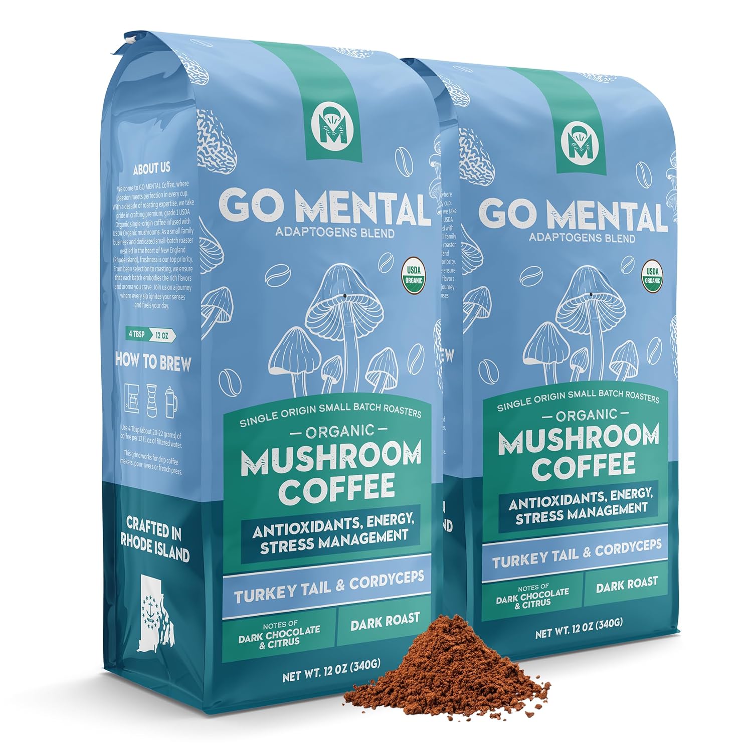 Organic Turkey Tail & Cordyceps Mushroom Coffee Dark Roast, Antioxidants, Immune System Support, overall wellness, Grade 1 Single Origin Peruvian | 12oz - Ground (2 Pack)