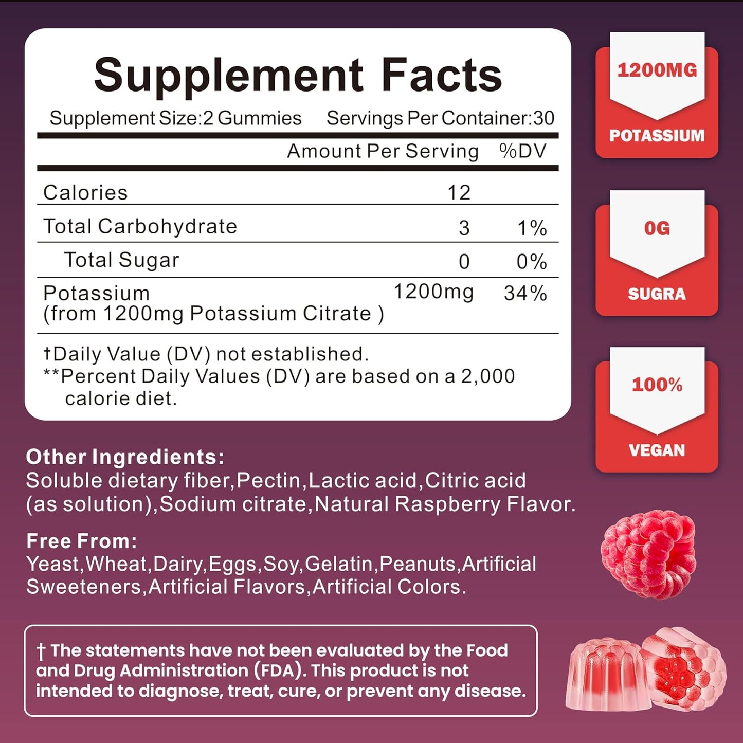 Potassium Citrate Gummies - 1200mg Chewable Potassium Supplement for Men & Women - Supports Leg Cramps & Muscle Health - Vegan, Gluten Free, Sugar Free - Raspberry Flavor (60 Count)