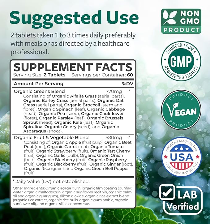USDA Organic Super Greens Supplement - Organic Greens Fruits and Vegetable Supplement for Adults with 28 Superfood Complex with Superfruits Roots Herbs & More - Vegan & Non-GMO (Up to 2 Month Supply)