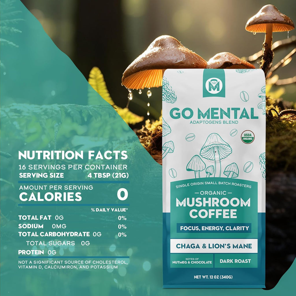 Organic Mushroom Coffee 3 Bag Gift Box Set, Lion's Mane & Chaga, Red Reishi & Chaga Decaffeinated, Turkey Tail & Cordyceps, Immune Support & Overall Wellbeing Dark Roast 36oz Ground