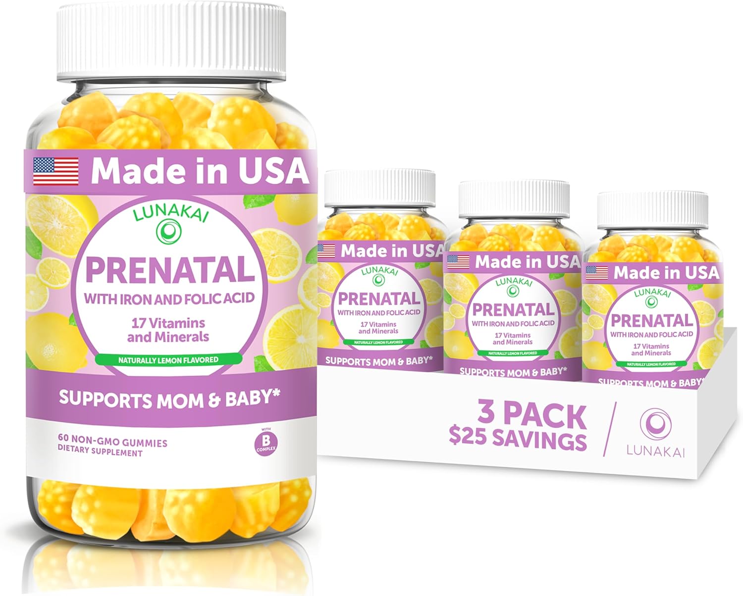 Lunakai USA Made Prenatal Vitamins for Women with Iron & Folic Acid - Delicious Prenatal Gummies, Non-GMO, Gelatin-Free - 3 Pack
