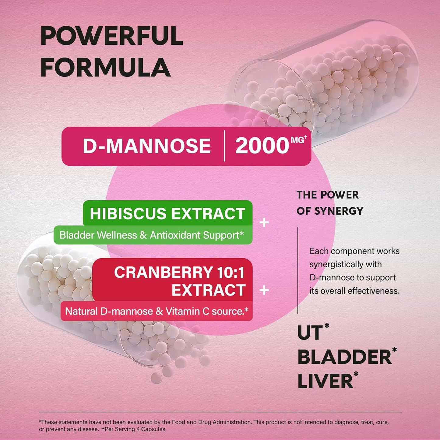 D-Mannose 2000mg with Cranberry & Hibiscus - Clinically Tested Strength for Urinary Tract Health - Supplement for Women - Bladder, Liver & Microflora Support - Made in USA - Vegan, 180 Capsules