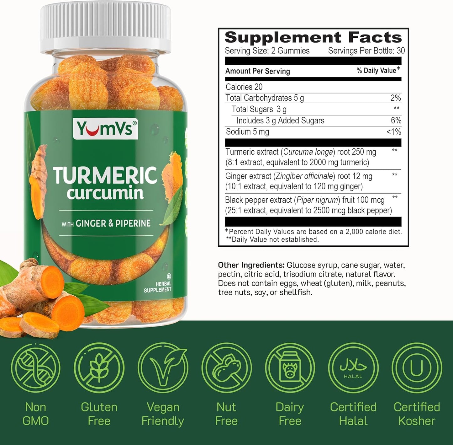 Curcumin Turmeric Gummies – Extra Strength 2000mg 8:1 Extract Turmeric Supplement Gummies with Black Pepper & Ginger – Vegan Non-GMO Joint Support Chewables – Peach Flavor, 60 Count