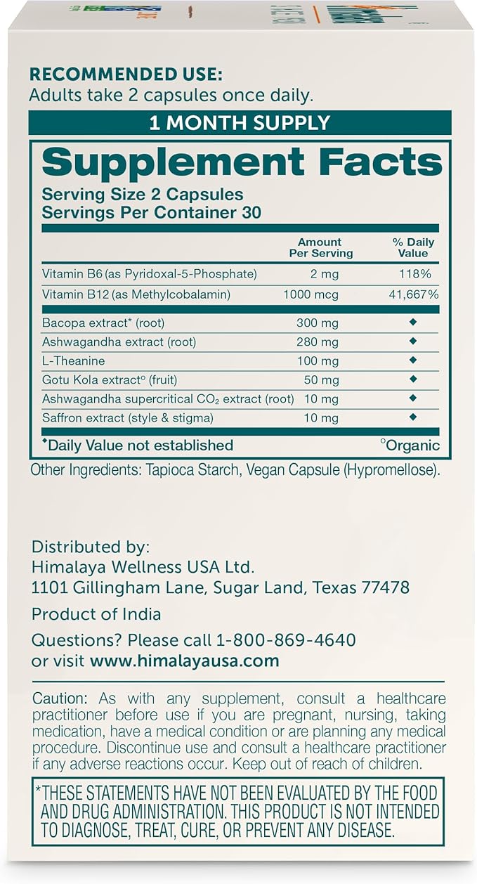 Himalaya Focused Mind Supplement, with Ashwagandha, Bacopa & L-Theanine for Attention, Focus and Energy Support, 60 Vegan Capsules, Gluten Free, 1 Month Supply