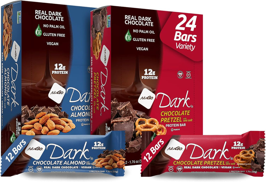 NuGo Dark Variety - Pretzel w/Sea Salt 12 bars & New! Chocolate Almond w/Sea Salt 12 bars, 12g Protein Bar, Vegan, Gluten Free, Non-GMO, Kosher Pareve, 24 count