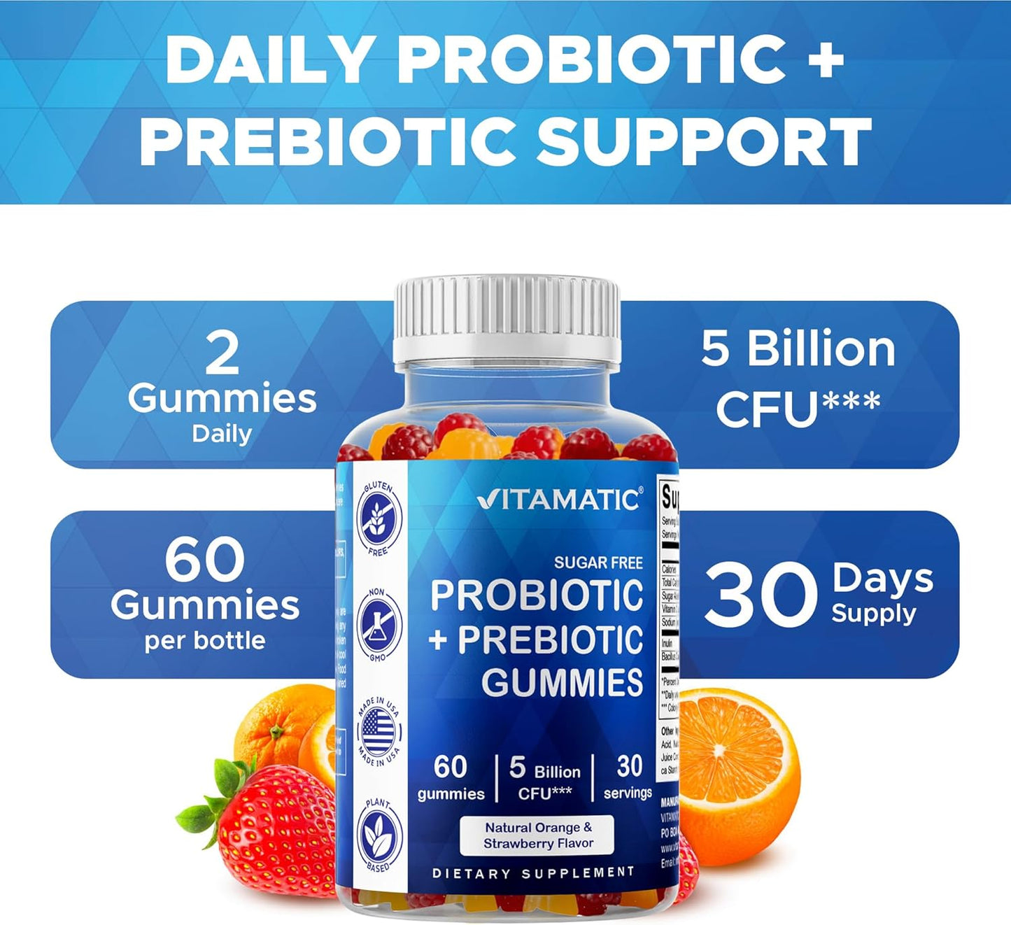 Vitamatic Sugar Free Probiotic Gummies for Men and Women – 5 Billion CFUs - 60Gummies per Bottle | 2 Pack (120 Gummies) Digestive, Immune & Gut Health Support – Gluten Free