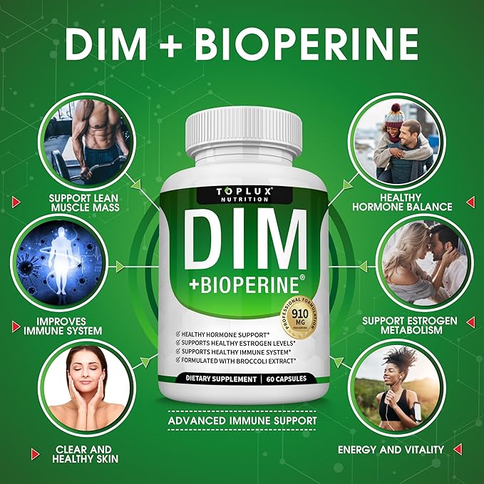 Dim Supplement 910 mg Plus BioPerine Complex - Diindolylmethane to Support Hormone Balance and Estrogen Metabolism, Helps with Menopause Acne PCOS Better Skin Bodybuilding, for Men Women, 60 Capsules