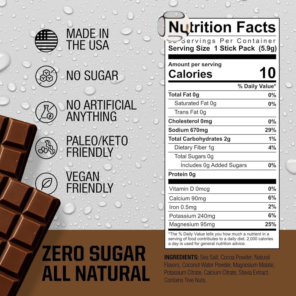Fire Science Fire Salt Hydration Sticks, Electrolytes & Coconut Water, Hydration Drink Mix with Magnesium, Potassium & Sodium, Zero Sugar, Single Serve On The Go Packs, Chocolate Flavor, 32 Count