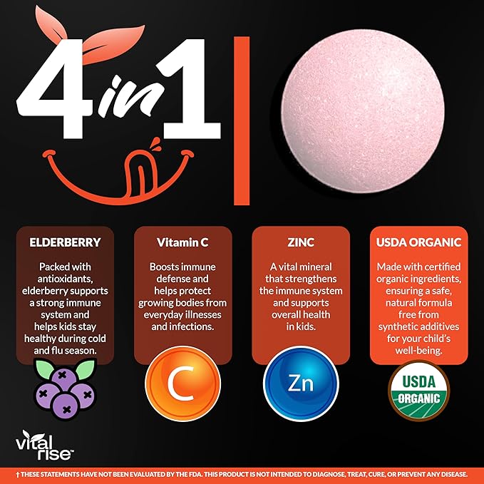 Kids Immune Support Chewables – USDA Organic – Vitamin C, D3, Zinc Supplements & Elderberry – Vegan, Non-GMO, Gluten Free – Seasonal Immune Defense for Children Ages 4+ – 60 Count