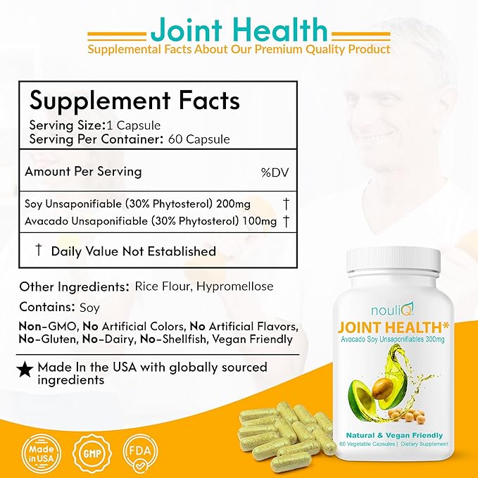 Natural & Vegan-Friendly Joint Health Supplement, Avocado Soy Unsaponifiables 300mg, Non-GMO, Free of Any Gluten, Artificial Colors or Flavors, Dairy and Shellfish, 60 Day Supply.