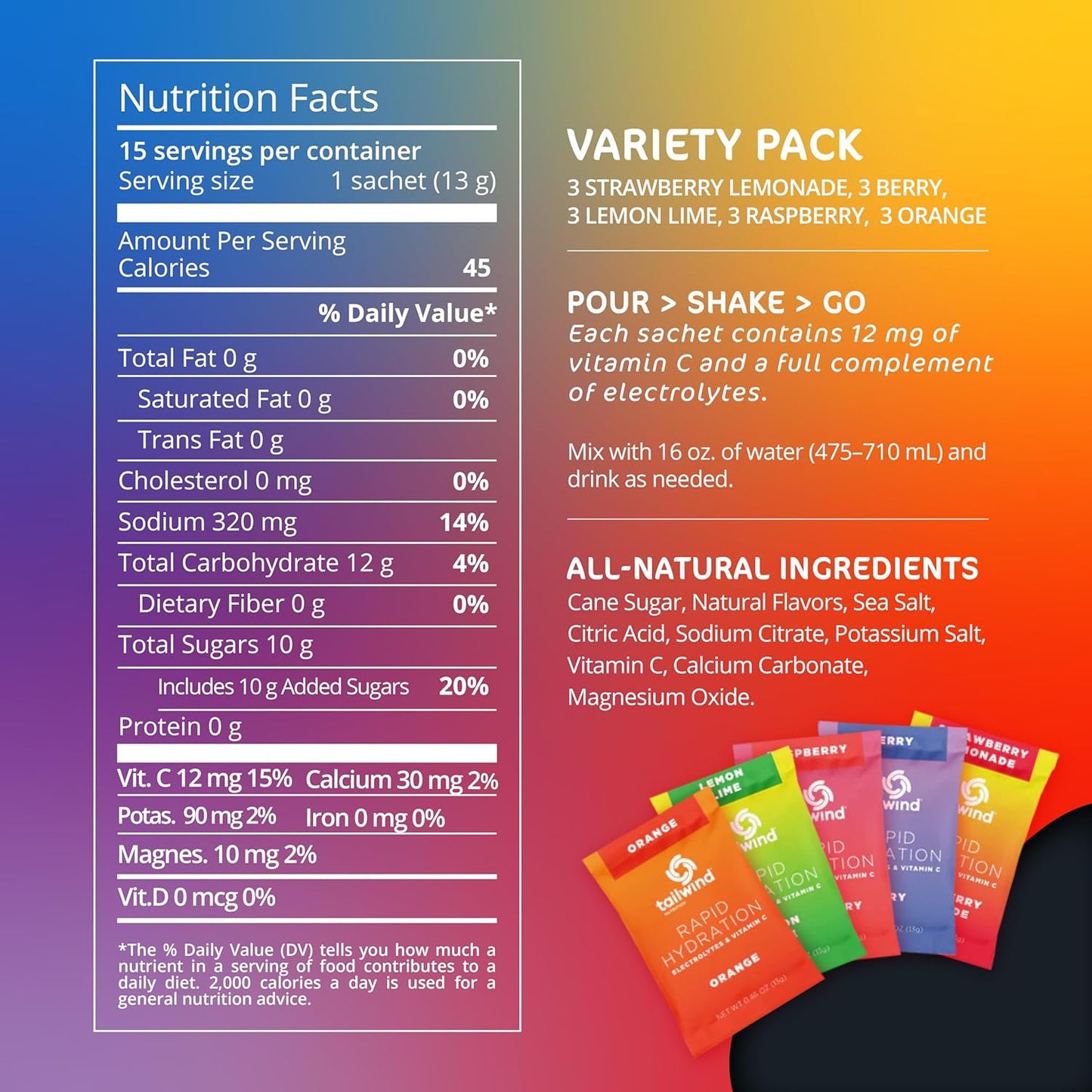 Tailwind Nutrition Rapid Hydration, Electrolyte & Hydration Powder, Vitamin C & Sea Salt Exercise Workout Mix, 5 Flavor Variety Pack, Pack of 15 Sticks