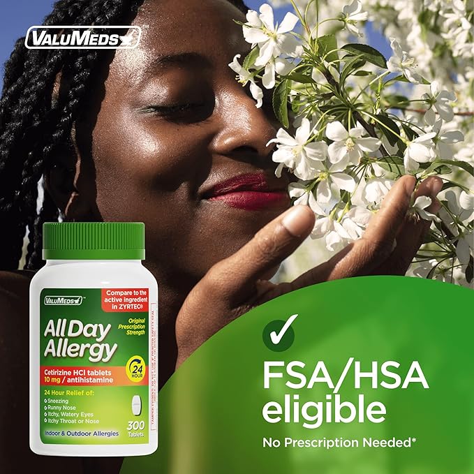 ValuMeds 24-Hour Allergy Medicine Antihistamine for Pollen, Hay Fever, Dry, Itchy Eyes, Allergies | Cetirizine HCl 10mg Caplets, Compare to Leading Brand (300 Count)