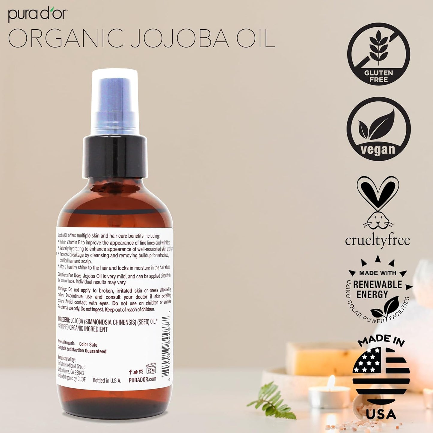 PURA D'OR 4 Oz Organic Jojoba Oil - USDA Certified - 100% Pure & Natural Moisturizer - Cold Pressed, Unrefined, Hexane Free Base Carrier Oil For DIY Skin Care, Hair, Face & Nails