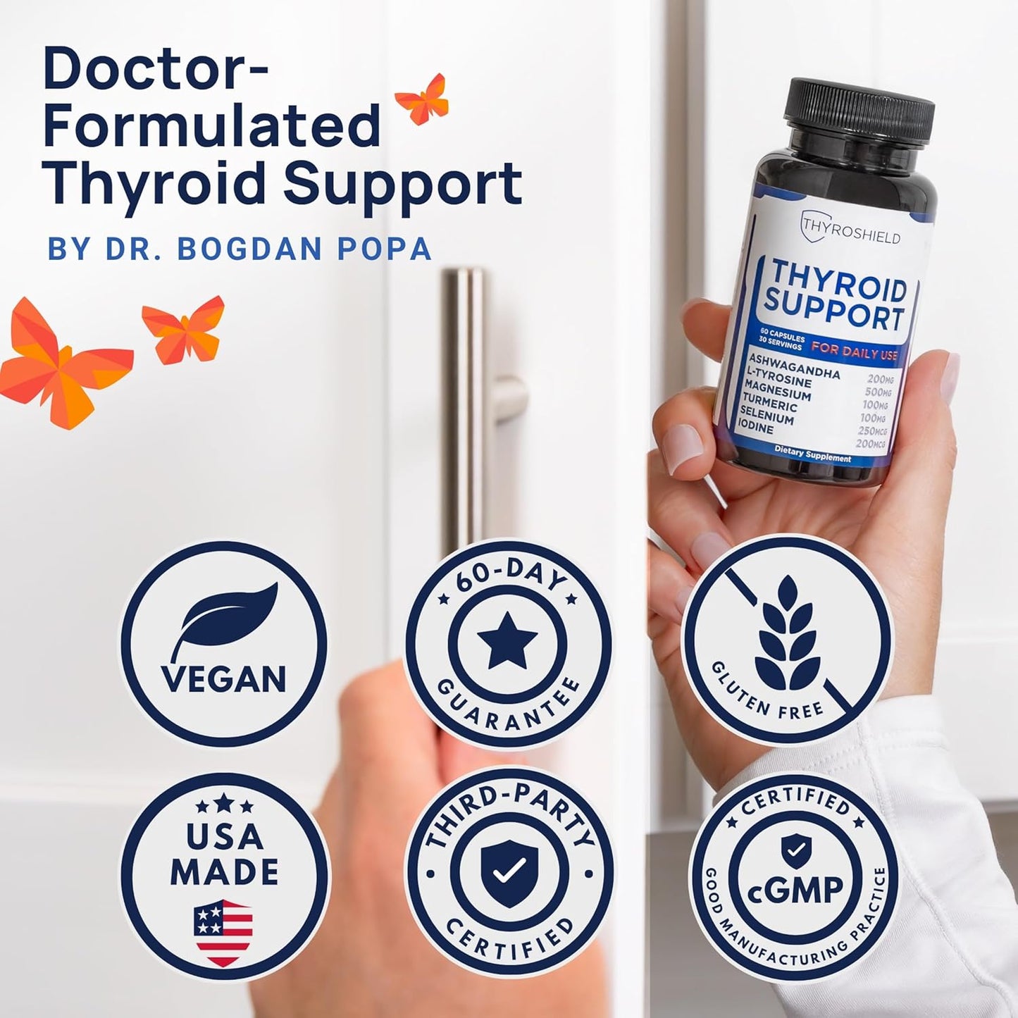 Thyroid Support, Pure Complex with Iodine, Ashwagandha, L-Tyrosine, Selenium, Thyroid Supplement for Women & Men, Energy, Hormone & Metabolism Support, cGMP, CoA Verified - 60 Capsules