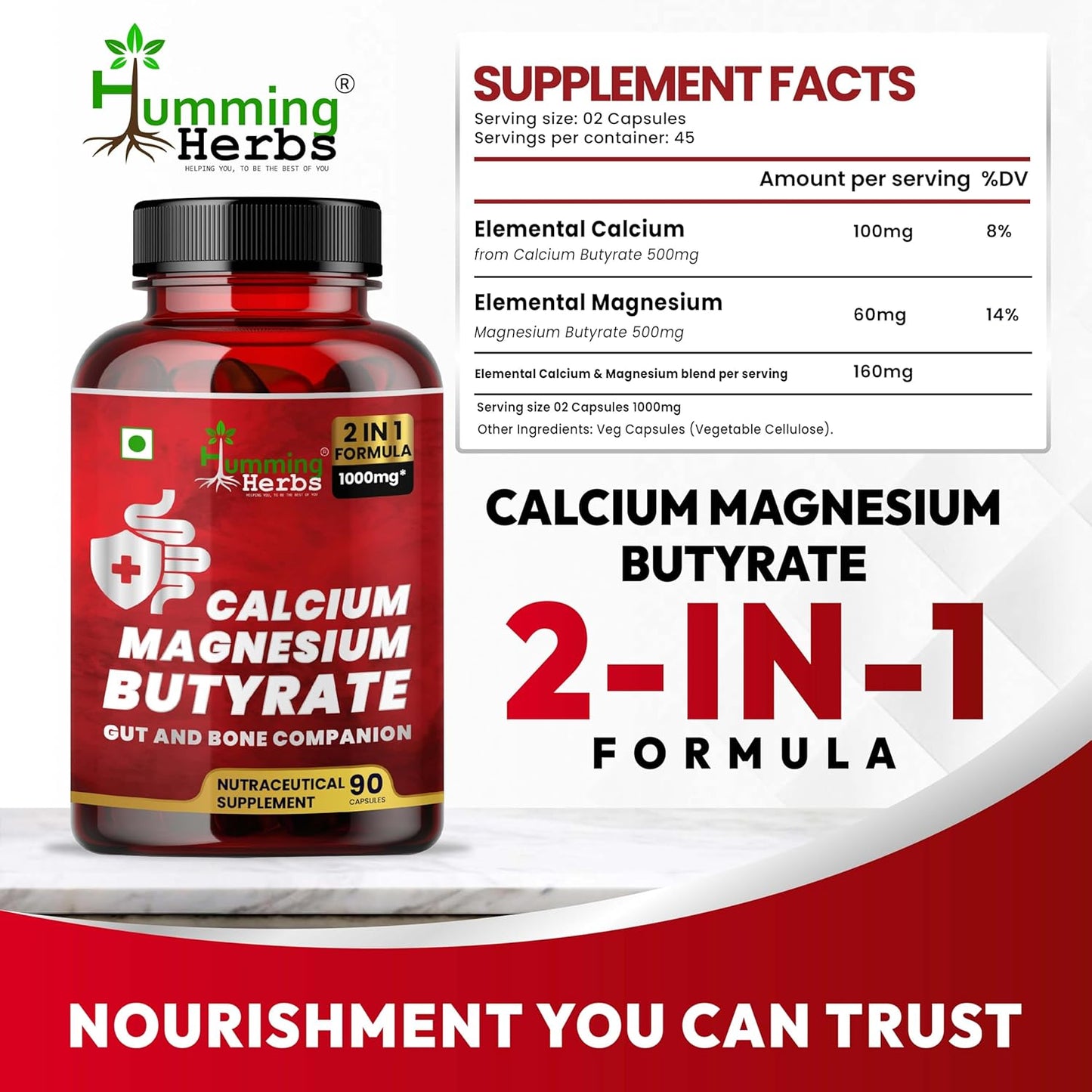 Calcium Magnesium Butyrate 1000Mg 2-in-1 Formula with Elemental Calcium & Elemental Magnesium – 90 Capsules