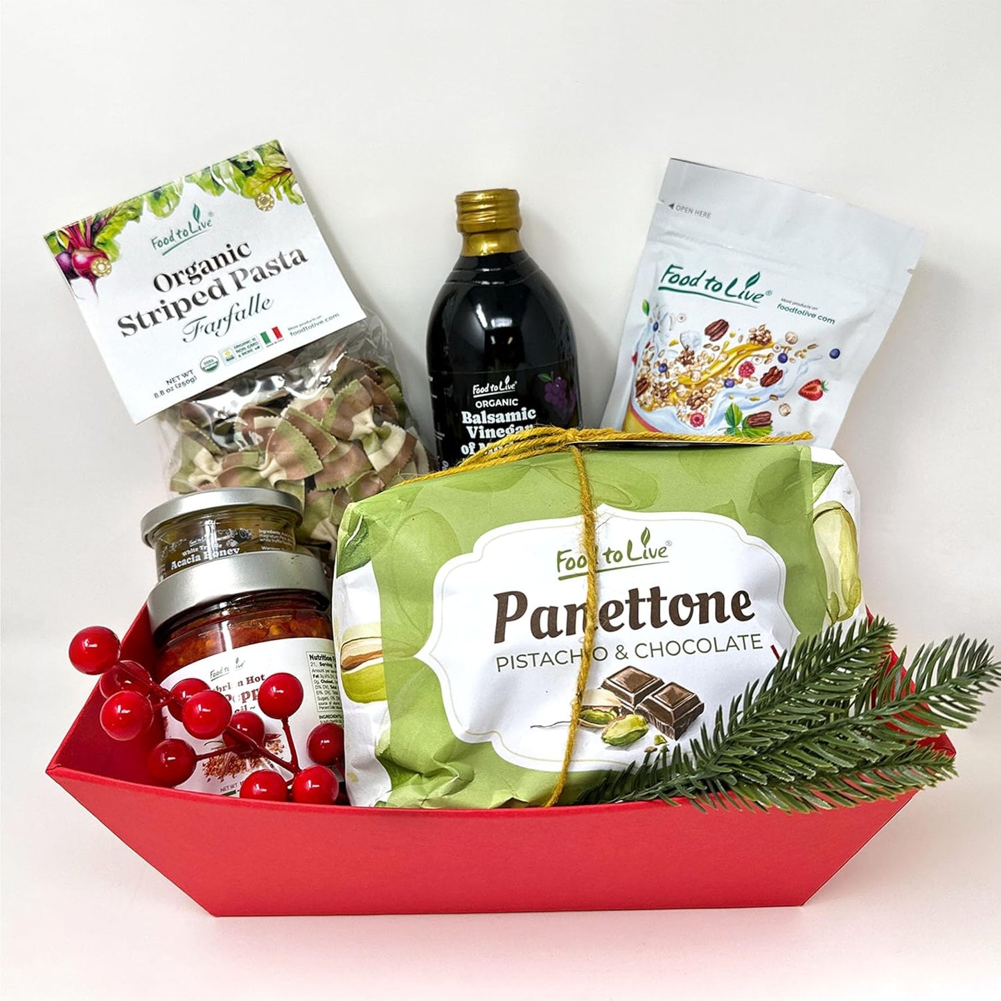 Food To Live Holiday Gift Basket – Italian Pistachio and Chocolate Panettone, Organic Pasta, Organic Balsamic Vinegar, Truffle Honey, Calabrian Hot Chili Pepper and Crunchy Granola