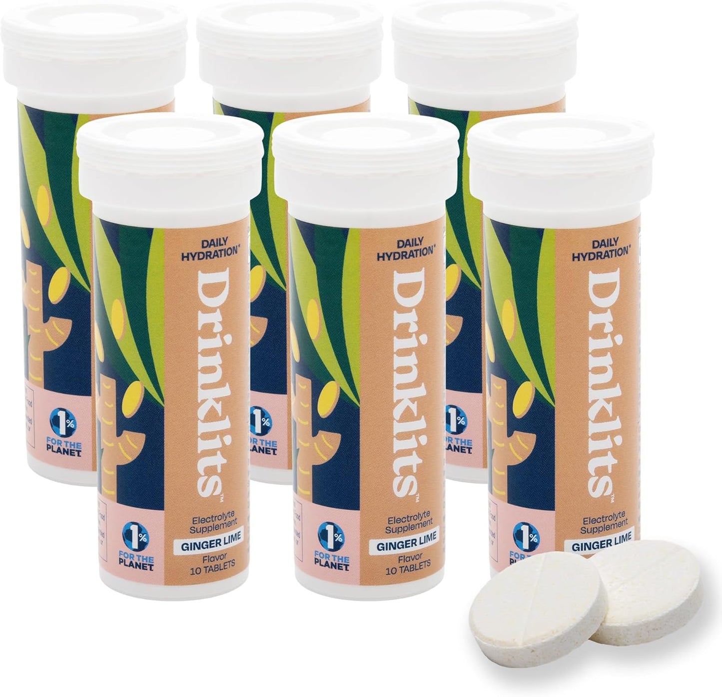 Drinklits Ginger Lime Electrolyte Fizzy Hydration Tablets (6) Tube Bundle | 0g Sugar - Natural Sports Drink - Organic Ginger | 60 Servings - 10 Tablets Per Tube
