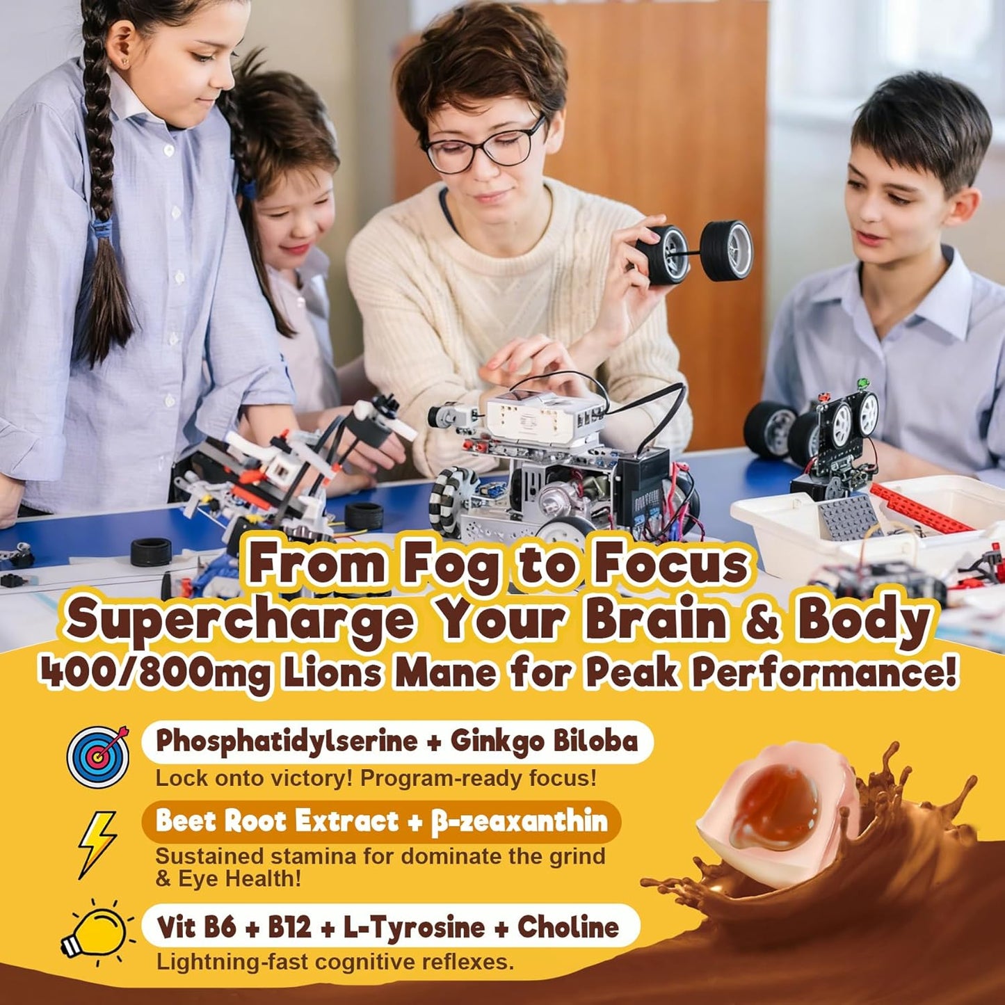 Neviss Kids 10+ Brain Filled Gummies w/Lion's Mane, Focus Memory & Energy 7-in-1 Mushroom Gummy for Teens & Adults, L-Tyrosine, Choline, PS, B12 B6, Beetroot for Students, Gamer, Worker, Sugar Free