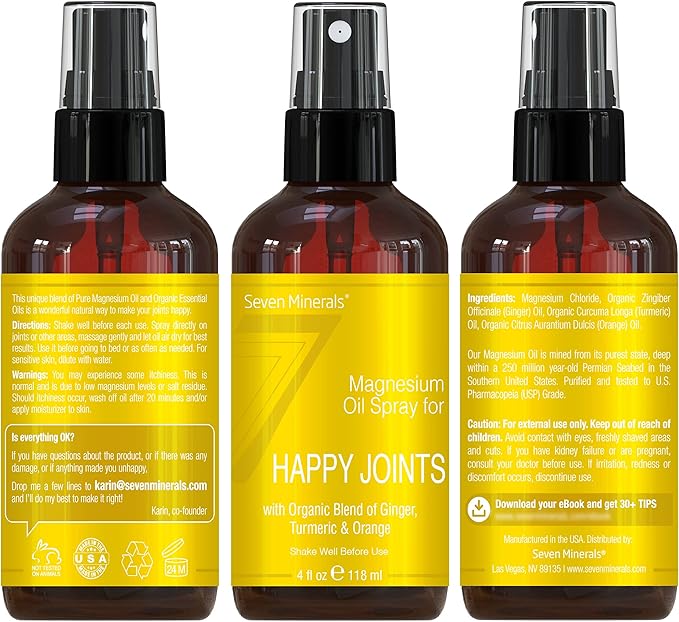 Seven Minerals, Magnesium Happy Joints Spray - Powerful USA Made Magnesium Oil Blend with Essential Oils (Turmeric, Ginger and Orange) - Free Ebook Included (4 fl oz)