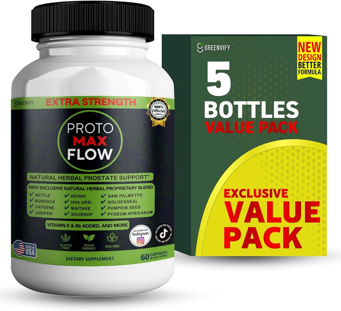 Proto Max Flow Extra Strength Prostate Support, Natural Herbal Supplement with Saw Palmetto, 60 Capsules (5)