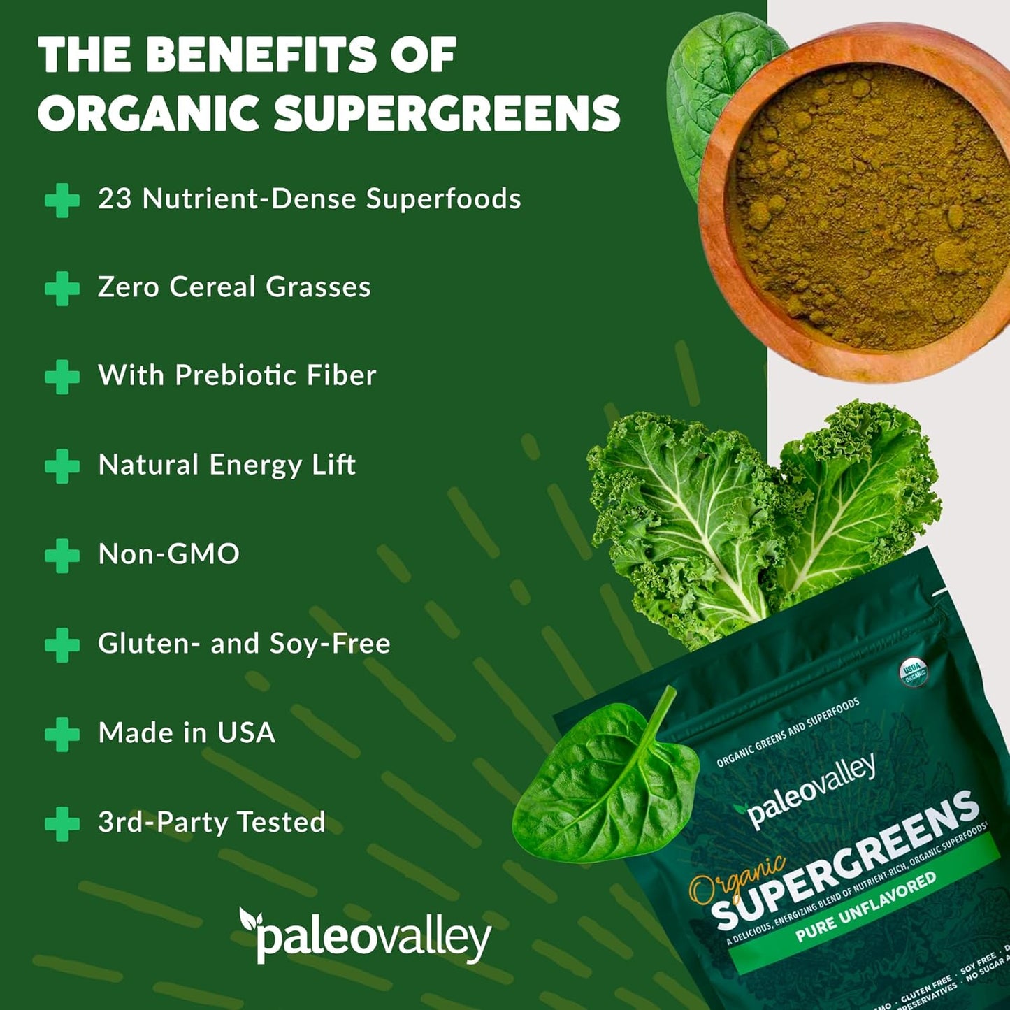 Paleovalley Organic Supergreens Powder - 23 Superfoods with Prebiotic Fiber for Energy and Immunity Support - No Cereal Grasses for Maximum Absorption - Pure Unflavored, 28 Servings